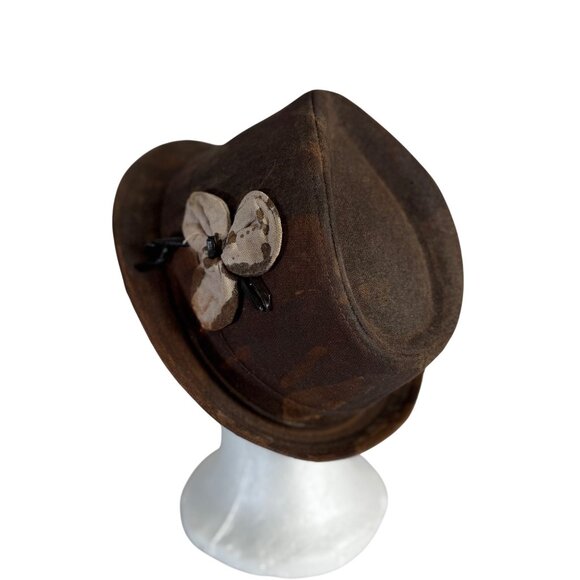 Distressed Fedora Brown Camo Floral Accent Steampunk Stagecoach Stingy Brim - Picture 3 of 13